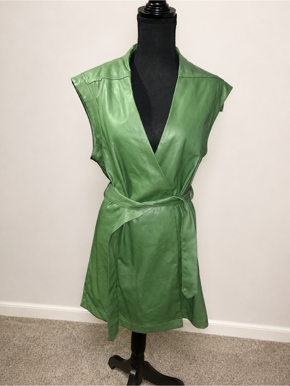 MNG Faux Green Leather Sleeveless Wrap Vest
